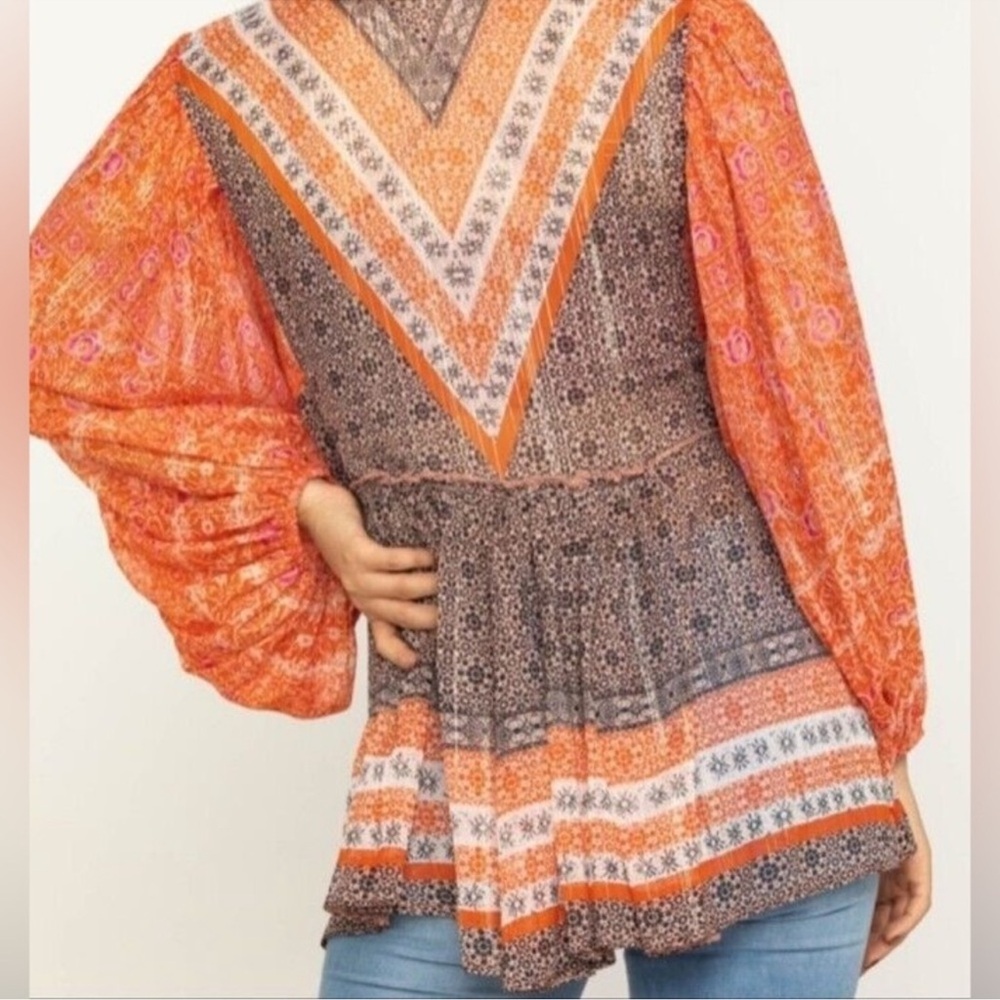NWOT Free People Aliyah Orange Brown Gold Metallic Printed Boho Tunic Top Medium - Picture 6 of 15